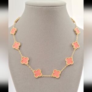 Gold filled & Peachy Pink Enamel double sided four leafs Clovers Necklace
